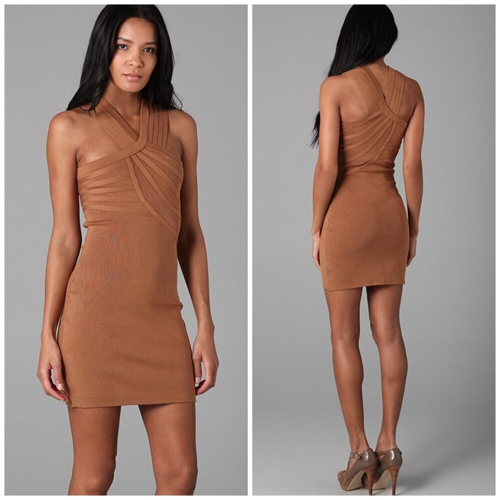 NWOT Halston Heritage Mini Dress $295 Knit Cross Front 100% Silk size M Stretch